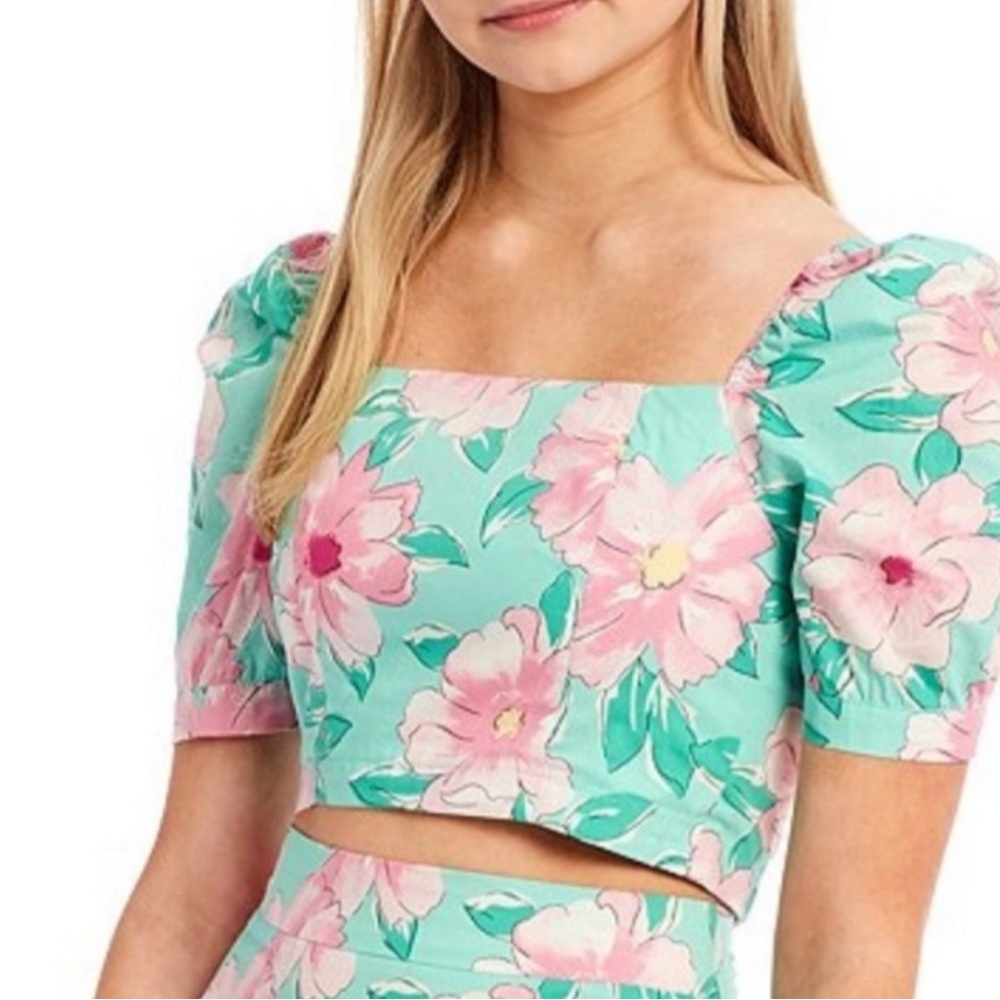 GB Coordinating Puff Short Sleeve Square Neck Floral Printed Cropped Top
